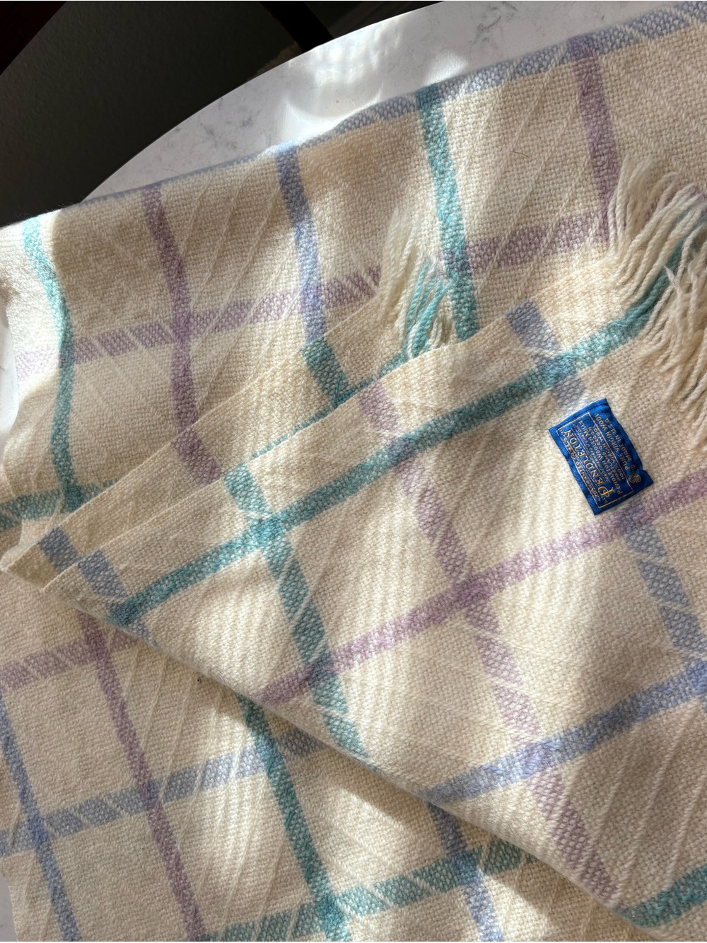 Vintage Pendleton Cream Plaid Throw Blanket with Pastel Blue & Lavender